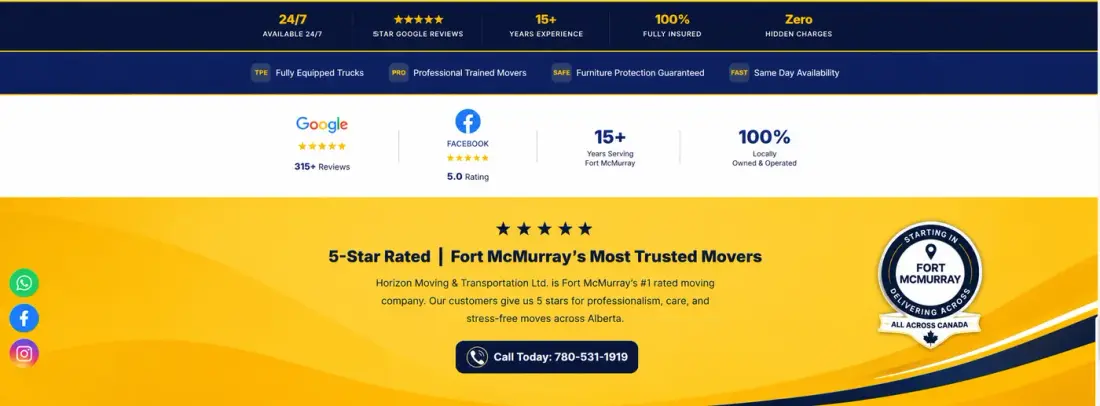 Horizon Moving five-star rated trust badges and Fort McMurray moving call to action
